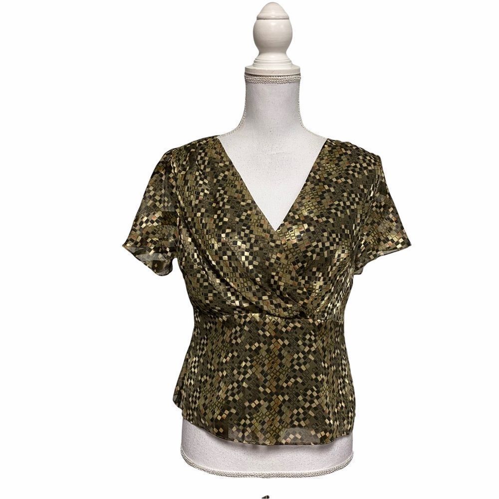 Anne Klein Womens Size 6 Top Faux Wrap Short Sleeves V Neck Blouse